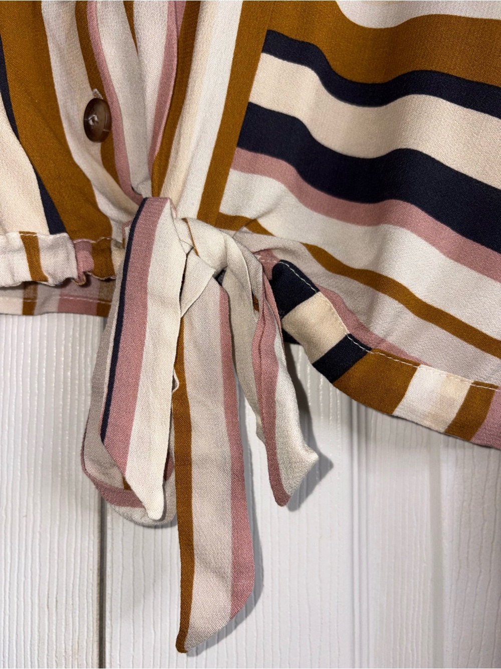 Altar'd State Striped Tie-Front Blouse in Mustard, Blush & Navy - Picture 6 of 11